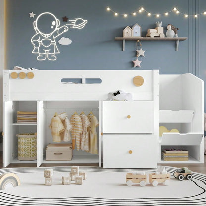 Holzbett, Kinderbett, Halbhohes Bett, Aufbewahrungstreppe mit magnetischen Türen , Mit zwei großen Schubladen und Kleiderschrank,  Kiefer + MDF + Sperrholz, Weiß+Natur, 90x200cm