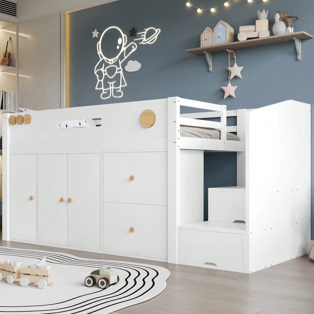 Holzbett, Kinderbett, Halbhohes Bett, Aufbewahrungstreppe mit magnetischen Türen , Mit zwei großen Schubladen und Kleiderschrank,  Kiefer + MDF + Sperrholz, Weiß+Natur, 90x200cm