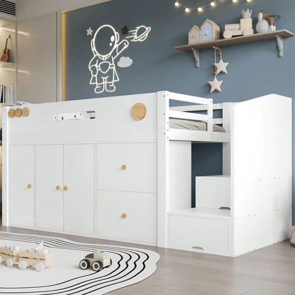 Holzbett, Kinderbett, Halbhohes Bett, Aufbewahrungstreppe mit magnetischen Türen , Mit zwei großen Schubladen und Kleiderschrank,  Kiefer + MDF + Sperrholz, Weiß+Natur, 90x200cm