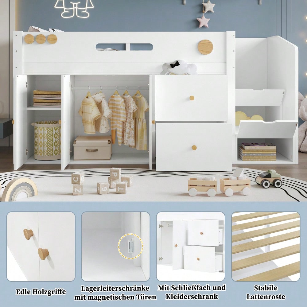 Holzbett, Kinderbett, Halbhohes Bett, Aufbewahrungstreppe mit magnetischen Türen , Mit zwei großen Schubladen und Kleiderschrank,  Kiefer + MDF + Sperrholz, Weiß+Natur, 90x200cm