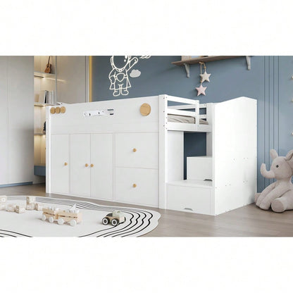 Holzbett, Kinderbett, Halbhohes Bett, Aufbewahrungstreppe mit magnetischen Türen , Mit zwei großen Schubladen und Kleiderschrank,  Kiefer + MDF + Sperrholz, Weiß+Natur, 90x200cm