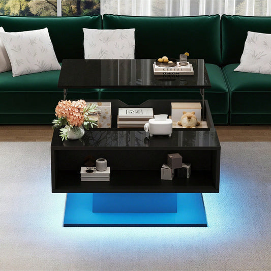 80*77*40cm Couchtisch mit hydraulischem Aufzug,Hochglanz-Sofatisch,Wohnzimmertisch mit  Stauraum,halboffener Stauraum,Geometrischer kaffeetisch,Ergonomischer Wohnzimmer-Beistelltisch,Schwarz
