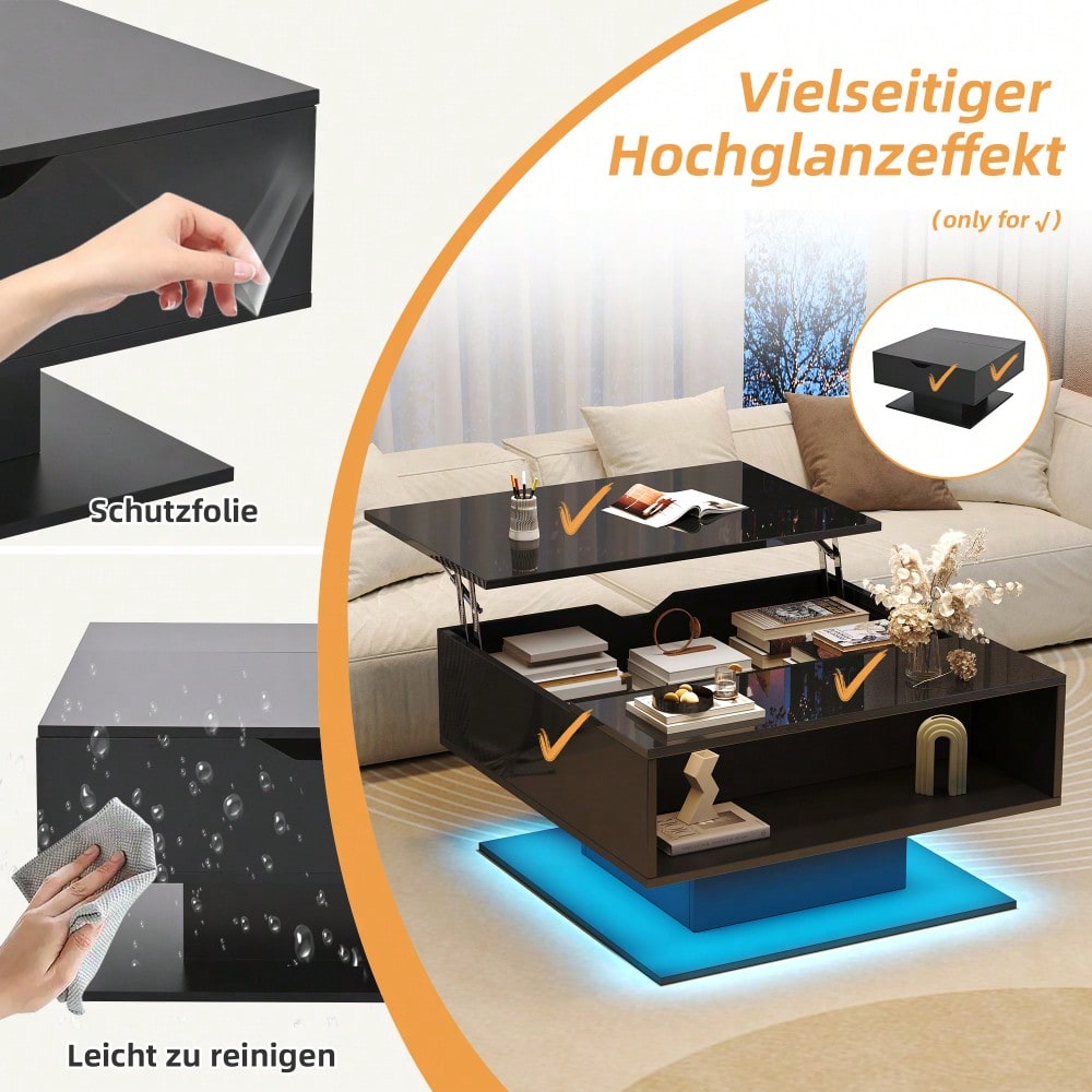 80*77*40cm Couchtisch mit hydraulischem Aufzug,Hochglanz-Sofatisch,Wohnzimmertisch mit  Stauraum,halboffener Stauraum,Geometrischer kaffeetisch,Ergonomischer Wohnzimmer-Beistelltisch,Schwarz