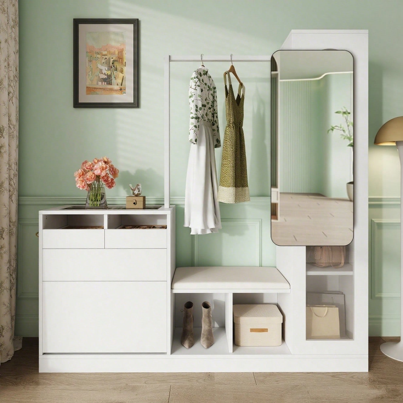 6-in-1-Eingangskombination, Garderobenset, Frisiertisch mit Kleiderstange, Schuhbank und Klappschuhschrank, Glasvitrine, Mit farbwechselndem LED-Licht