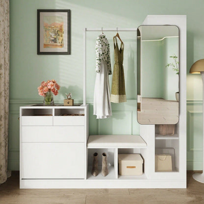 6-in-1-Eingangskombination, Garderobenset, Frisiertisch mit Kleiderstange, Schuhbank und Klappschuhschrank, Glasvitrine, Mit farbwechselndem LED-Licht