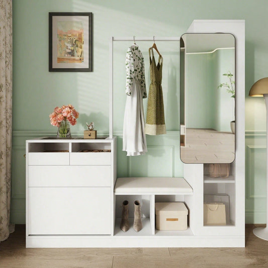 6-in-1-Eingangskombination, Garderobenset, Frisiertisch mit Kleiderstange, Schuhbank und Klappschuhschrank, Glasvitrine, Mit farbwechselndem LED-Licht