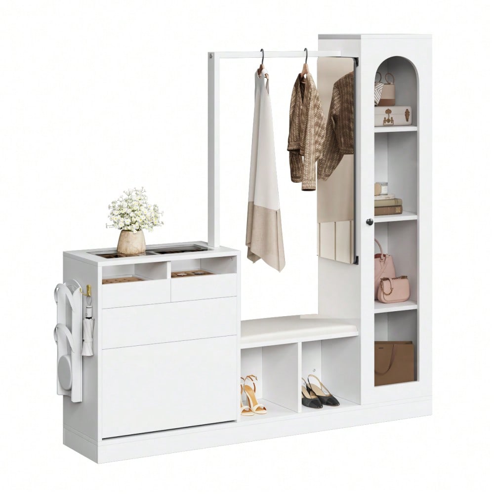 6-in-1-Eingangskombination, Garderobenset, Frisiertisch mit Kleiderstange, Schuhbank und Klappschuhschrank, Glasvitrine, Mit farbwechselndem LED-Licht