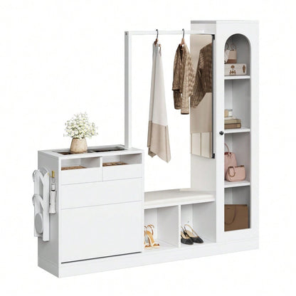 6-in-1-Eingangskombination, Garderobenset, Frisiertisch mit Kleiderstange, Schuhbank und Klappschuhschrank, Glasvitrine, Mit farbwechselndem LED-Licht