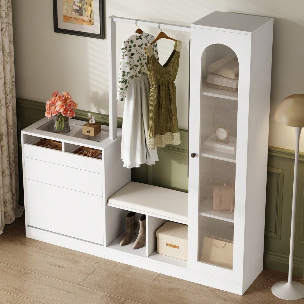 6-in-1-Eingangskombination, Garderobenset, Frisiertisch mit Kleiderstange, Schuhbank und Klappschuhschrank, Glasvitrine, Mit farbwechselndem LED-Licht