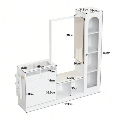 6-in-1-Eingangskombination, Garderobenset, Frisiertisch mit Kleiderstange, Schuhbank und Klappschuhschrank, Glasvitrine, Mit farbwechselndem LED-Licht