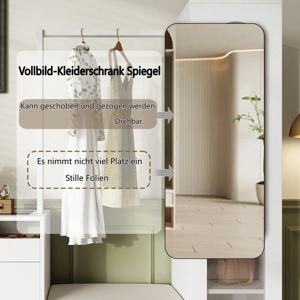 6-in-1-Eingangskombination, Garderobenset, Frisiertisch mit Kleiderstange, Schuhbank und Klappschuhschrank, Glasvitrine, Mit farbwechselndem LED-Licht