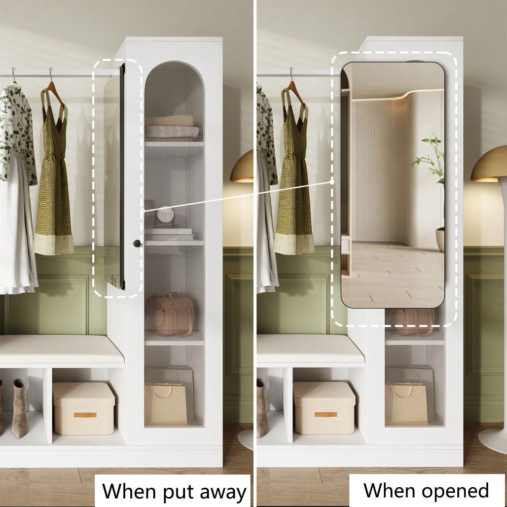 6-in-1-Eingangskombination, Garderobenset, Frisiertisch mit Kleiderstange, Schuhbank und Klappschuhschrank, Glasvitrine, Mit farbwechselndem LED-Licht