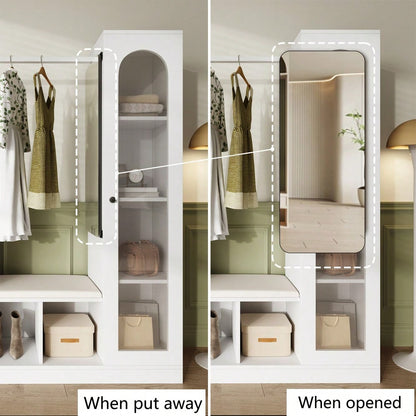 6-in-1-Eingangskombination, Garderobenset, Frisiertisch mit Kleiderstange, Schuhbank und Klappschuhschrank, Glasvitrine, Mit farbwechselndem LED-Licht