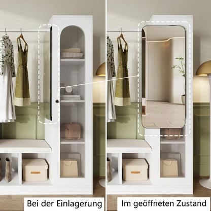 6-in-1-Eingangskombination, Garderobenset, Frisiertisch mit Kleiderstange, Schuhbank und Klappschuhschrank, Glasvitrine, Mit farbwechselndem LED-Licht