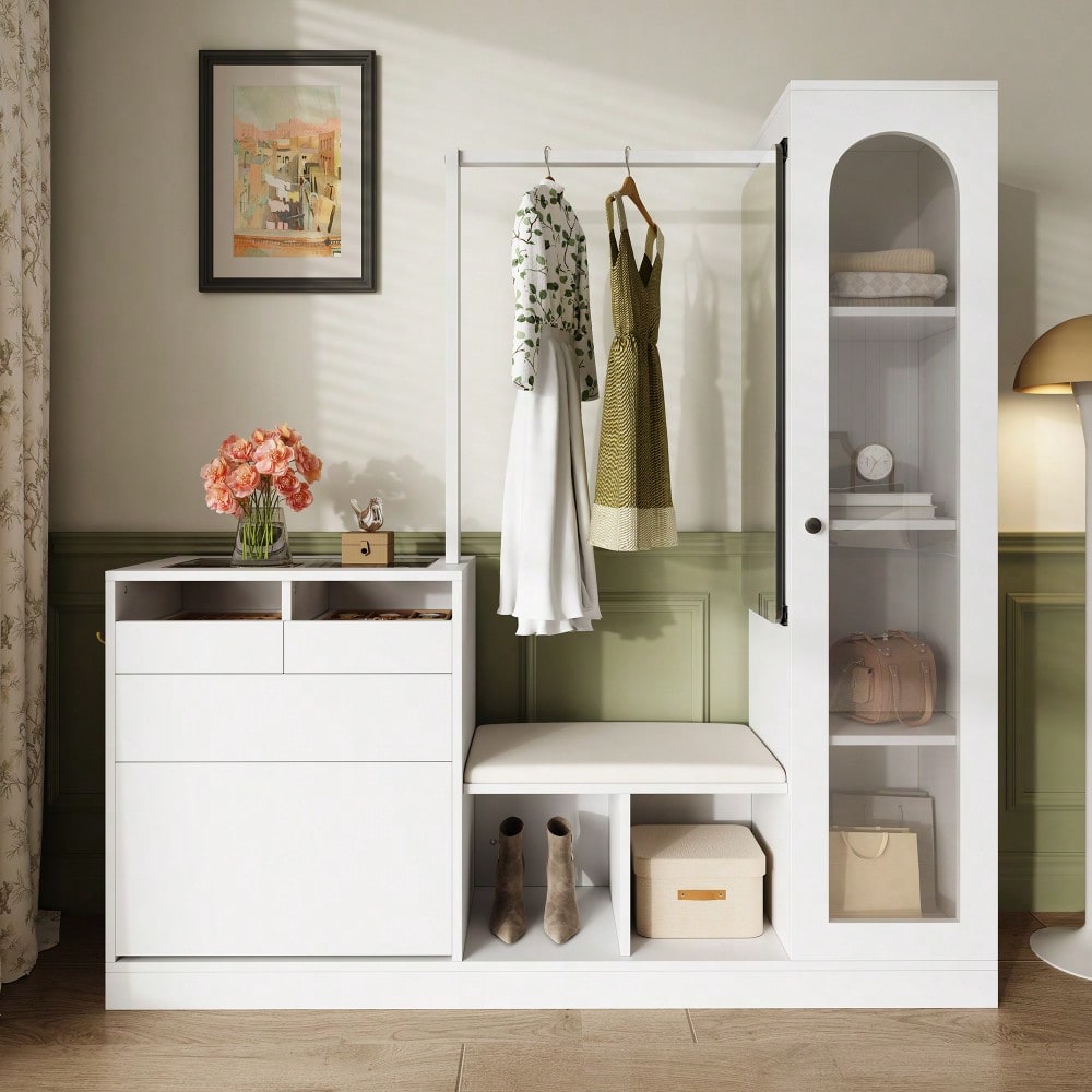 6-in-1-Eingangskombination, Garderobenset, Frisiertisch mit Kleiderstange, Schuhbank und Klappschuhschrank, Glasvitrine, Mit farbwechselndem LED-Licht