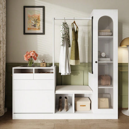 6-in-1-Eingangskombination, Garderobenset, Frisiertisch mit Kleiderstange, Schuhbank und Klappschuhschrank, Glasvitrine, Mit farbwechselndem LED-Licht