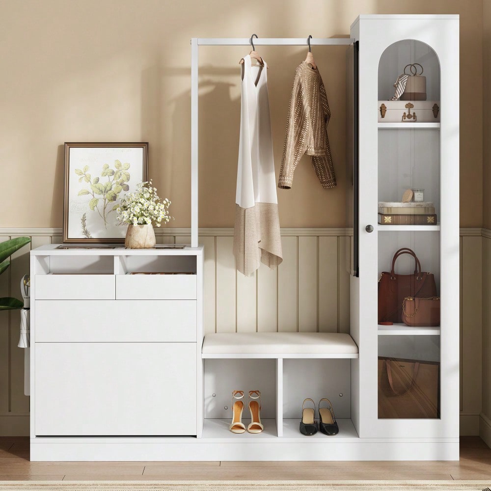 6-in-1-Eingangskombination, Garderobenset, Frisiertisch mit Kleiderstange, Schuhbank und Klappschuhschrank, Glasvitrine, Mit farbwechselndem LED-Licht