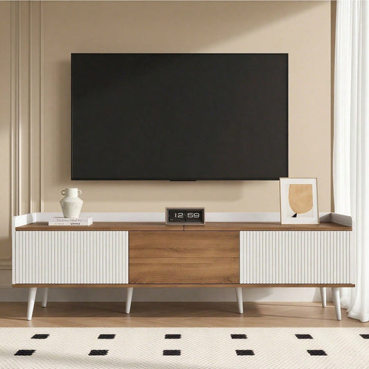 TV-Schrank, TV-Tisch, TV-Ständer, dreitüriger Unterschrank. Kompakte Konstruktion. Weiß und natürliches Holzfinish. Höhe 49,5 cm / Länge 160 cm / Breite 39 cm