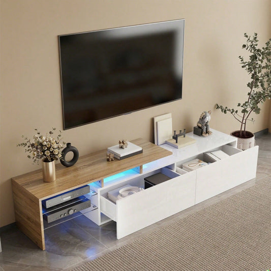 Modernes TV-Schrank-Design: stilvoll und elegant, praktischer Stauraum, Hochglanzweiß, Holzoptik, Glasböden, LED-Beleuchtung