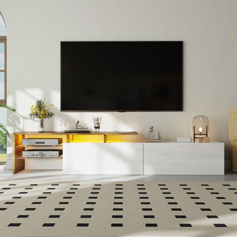 Modernes TV-Schrank-Design: stilvoll und elegant, praktischer Stauraum, Hochglanzweiß, Holzoptik, Glasböden, LED-Beleuchtung