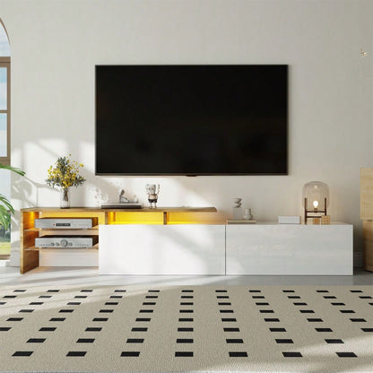 Modernes TV-Schrank-Design: stilvoll und elegant, praktischer Stauraum, Hochglanzweiß, Holzoptik, Glasböden, LED-Beleuchtung