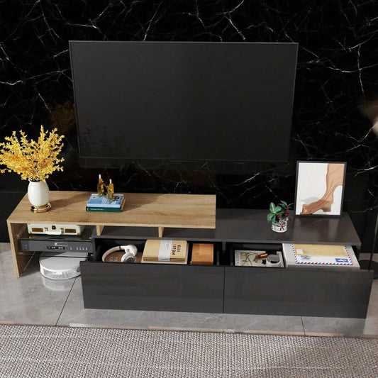 Modernes TV-Schrank-Design: stilvoll und elegant, praktischer Stauraum, Hochglanzschwarz, Holzoptik, Glasböden, LED-Beleuchtung