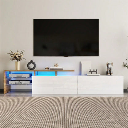 Modernes TV-Schrank-Design: stilvoll und elegant, praktischer Stauraum, Hochglanzweiß, Holzoptik, Glasböden, LED-Beleuchtung