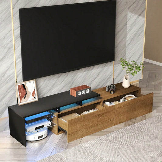 Modernes TV-Schrank-Design: stilvoll und elegant, praktischer Stauraum, schwarz, Holzoptik, Glasböden, LED-Beleuchtung