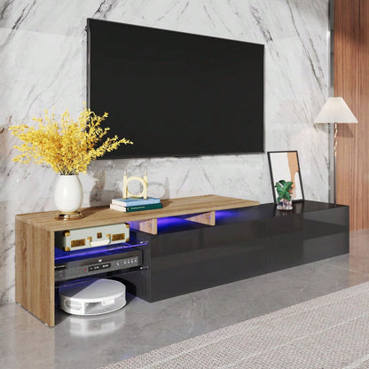 Modernes TV-Schrank-Design: stilvoll und elegant, praktischer Stauraum, Hochglanzschwarz, Holzoptik, Glasböden, LED-Beleuchtung