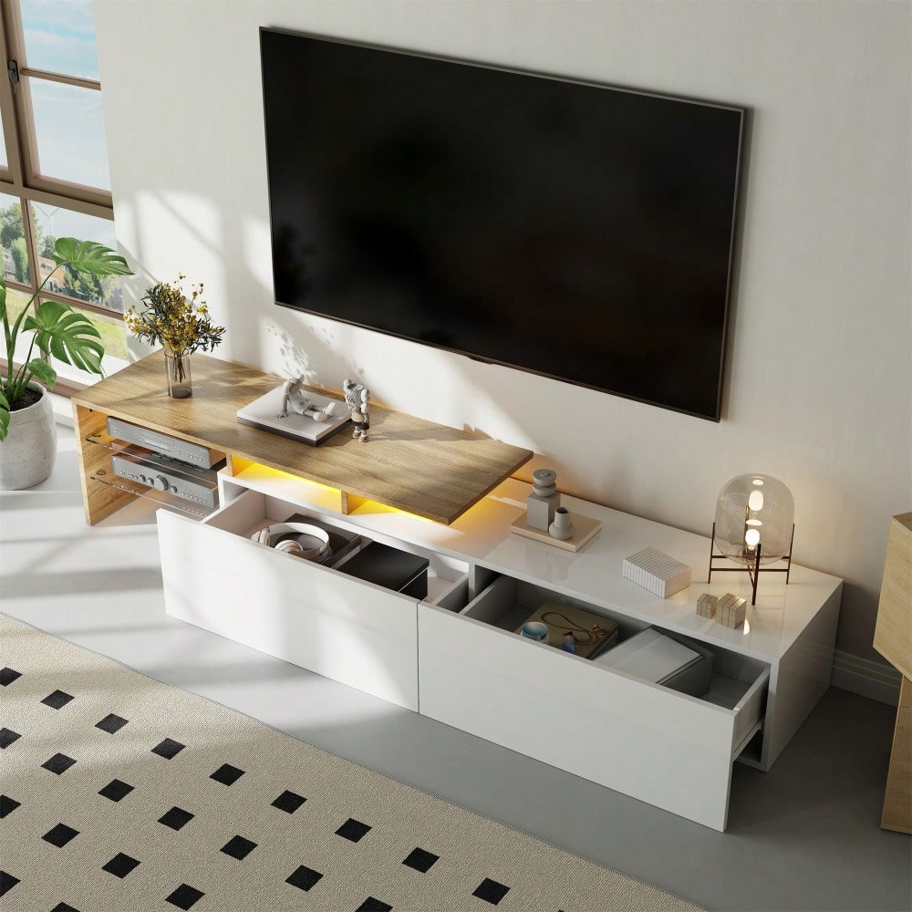 Modernes TV-Schrank-Design: stilvoll und elegant, praktischer Stauraum, Hochglanzweiß, Holzoptik, Glasböden, LED-Beleuchtung