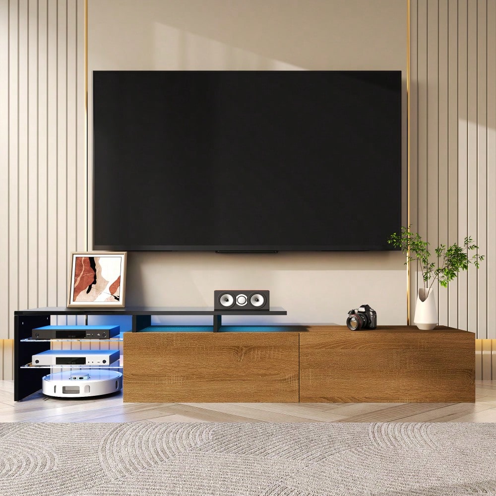 Modernes TV-Schrank-Design: stilvoll und elegant, praktischer Stauraum, schwarz, Holzoptik, Glasböden, LED-Beleuchtung