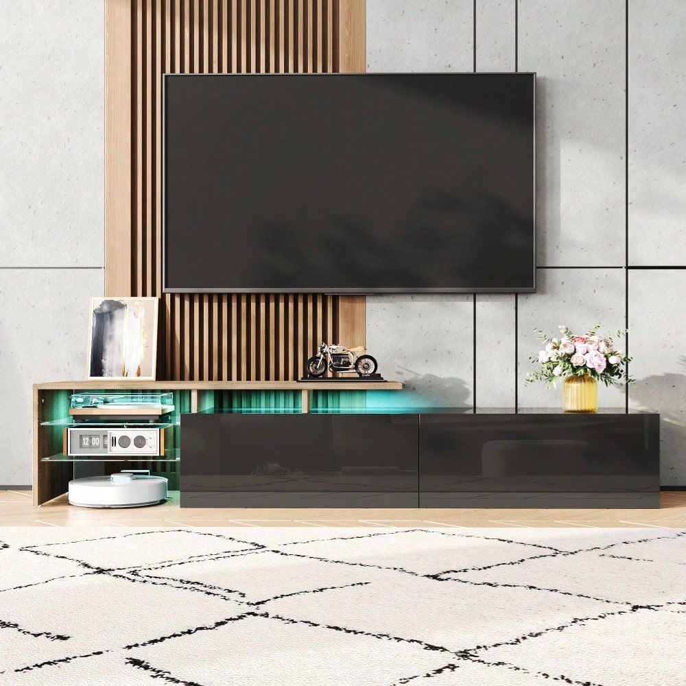Modernes TV-Schrank-Design: stilvoll und elegant, praktischer Stauraum, Hochglanzschwarz, Holzoptik, Glasböden, LED-Beleuchtung