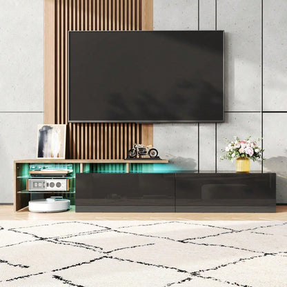 Modernes TV-Schrank-Design: stilvoll und elegant, praktischer Stauraum, Hochglanzschwarz, Holzoptik, Glasböden, LED-Beleuchtung