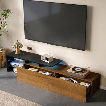 Modernes TV-Schrank-Design: stilvoll und elegant, praktischer Stauraum, schwarz, Holzoptik, Glasböden, LED-Beleuchtung