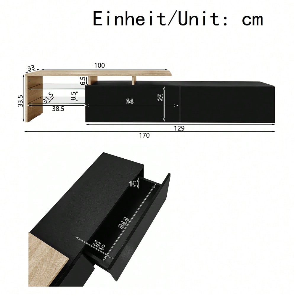 Modernes TV-Schrank-Design: stilvoll und elegant, praktischer Stauraum, Hochglanzschwarz, Holzoptik, Glasböden, LED-Beleuchtung