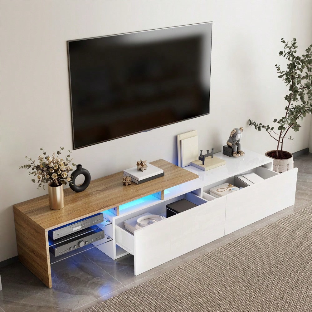 Modernes TV-Schrank-Design: stilvoll und elegant, praktischer Stauraum, Hochglanzweiß, Holzoptik, Glasböden, LED-Beleuchtung