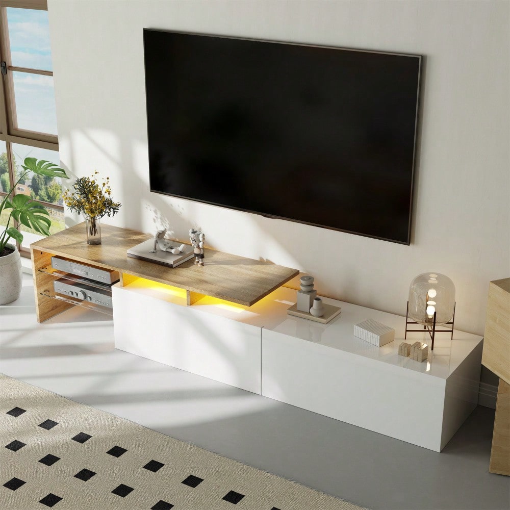 Modernes TV-Schrank-Design: stilvoll und elegant, praktischer Stauraum, Hochglanzweiß, Holzoptik, Glasböden, LED-Beleuchtung
