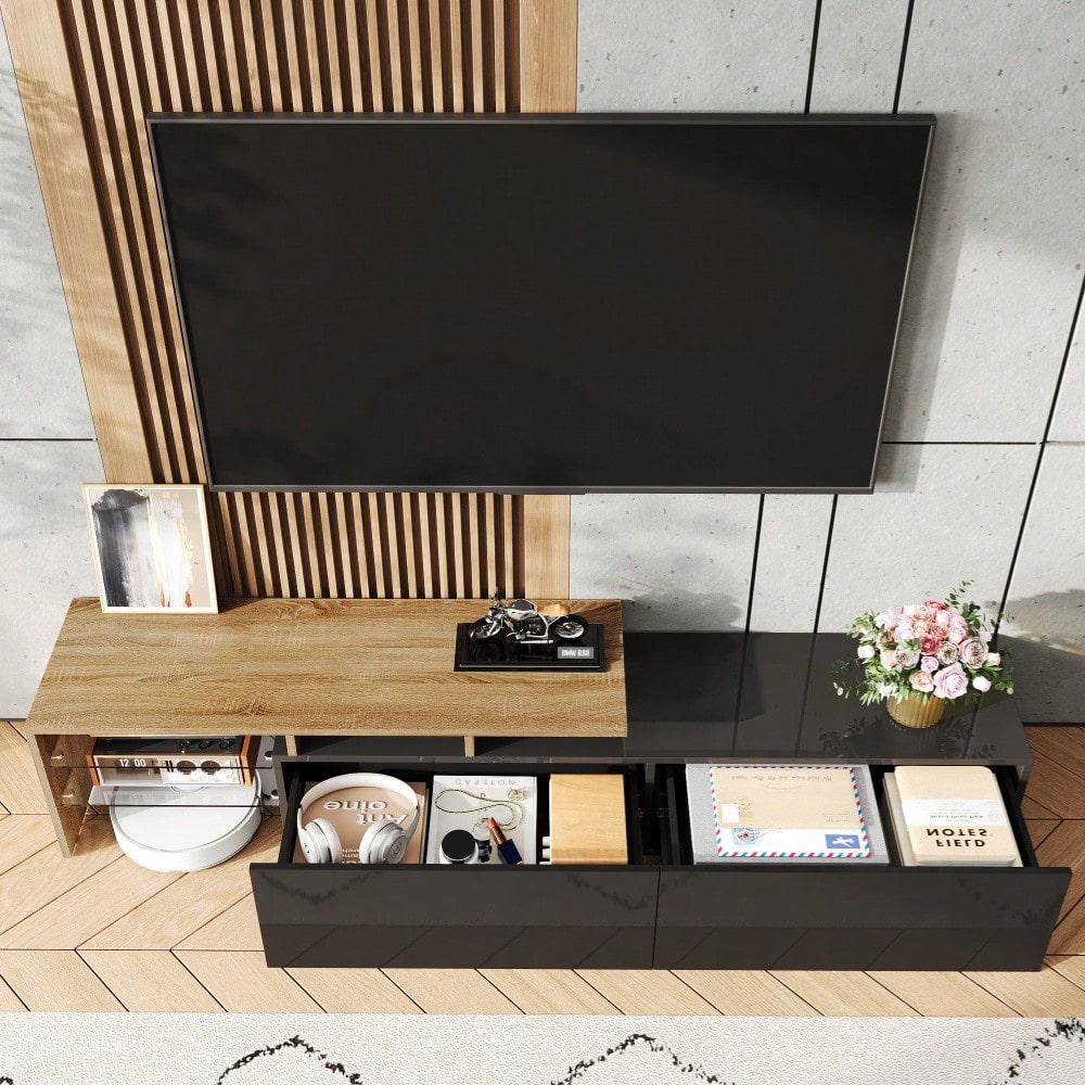 Modernes TV-Schrank-Design: stilvoll und elegant, praktischer Stauraum, Hochglanzschwarz, Holzoptik, Glasböden, LED-Beleuchtung
