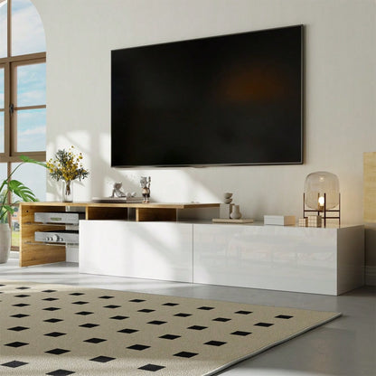 Modernes TV-Schrank-Design: stilvoll und elegant, praktischer Stauraum, Hochglanzweiß, Holzoptik, Glasböden, LED-Beleuchtung