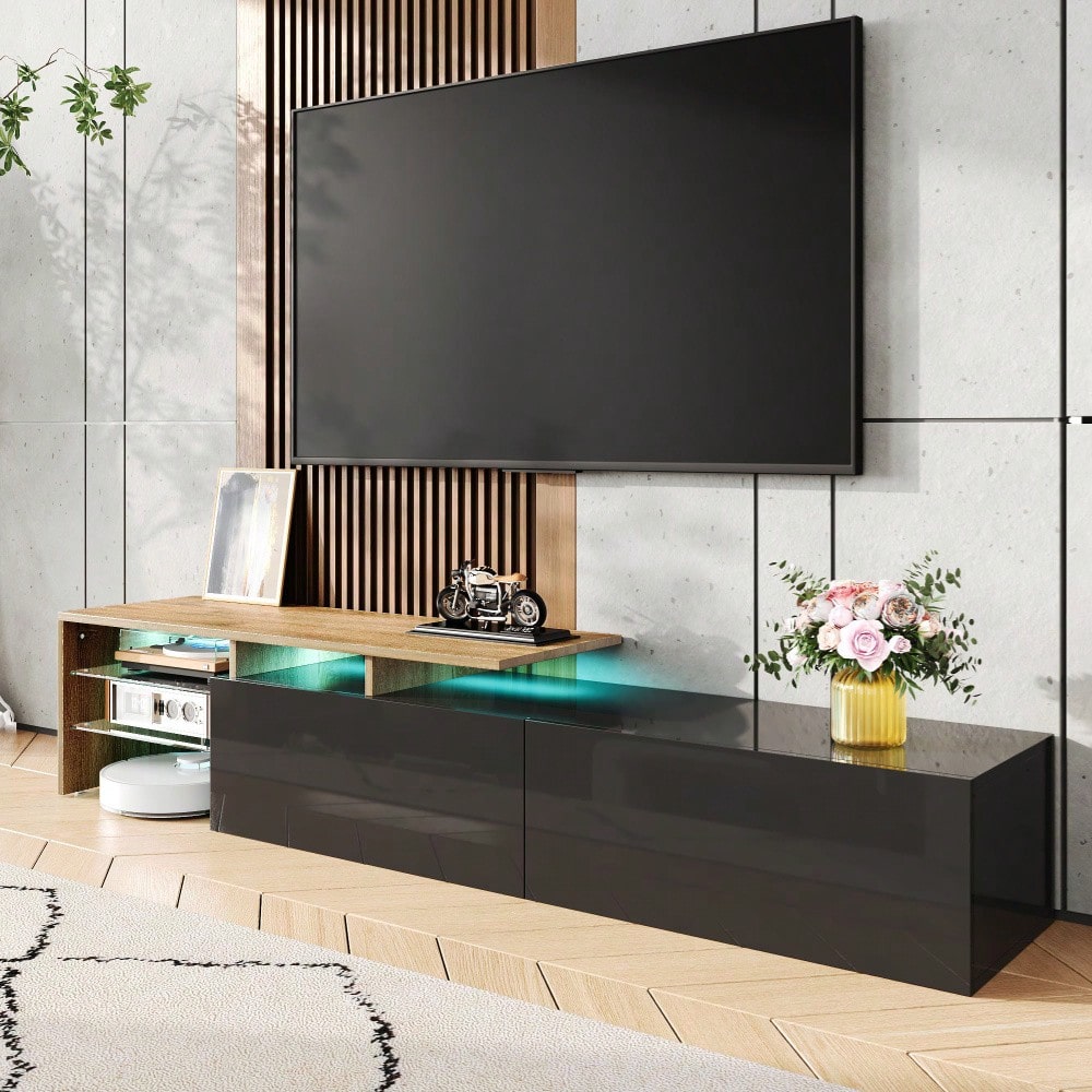 Modernes TV-Schrank-Design: stilvoll und elegant, praktischer Stauraum, Hochglanzschwarz, Holzoptik, Glasböden, LED-Beleuchtung