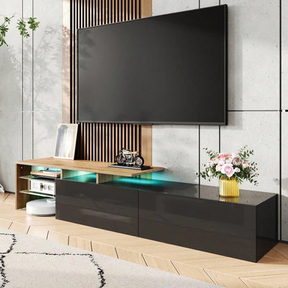 Modernes TV-Schrank-Design: stilvoll und elegant, praktischer Stauraum, Hochglanzschwarz, Holzoptik, Glasböden, LED-Beleuchtung