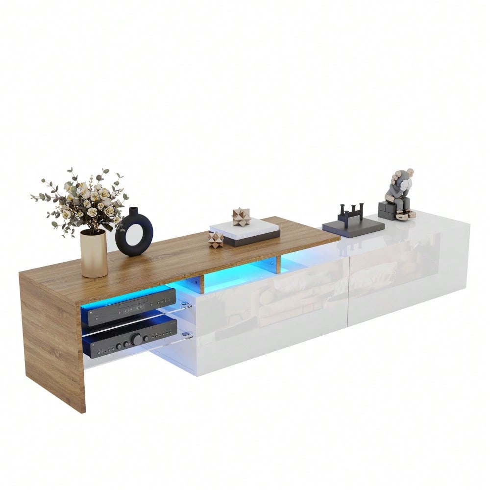 Modernes TV-Schrank-Design: stilvoll und elegant, praktischer Stauraum, Hochglanzweiß, Holzoptik, Glasböden, LED-Beleuchtung