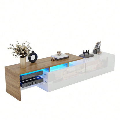 Modernes TV-Schrank-Design: stilvoll und elegant, praktischer Stauraum, Hochglanzweiß, Holzoptik, Glasböden, LED-Beleuchtung