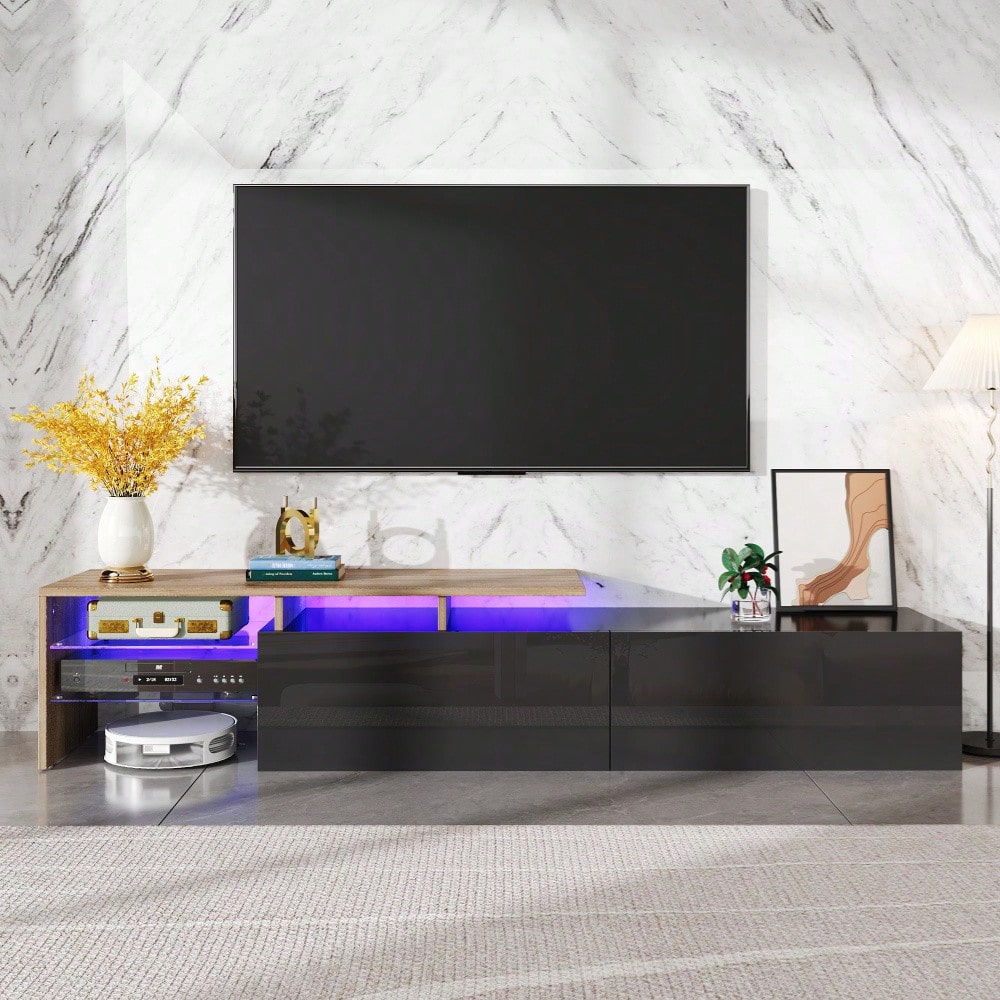 Modernes TV-Schrank-Design: stilvoll und elegant, praktischer Stauraum, Hochglanzschwarz, Holzoptik, Glasböden, LED-Beleuchtung