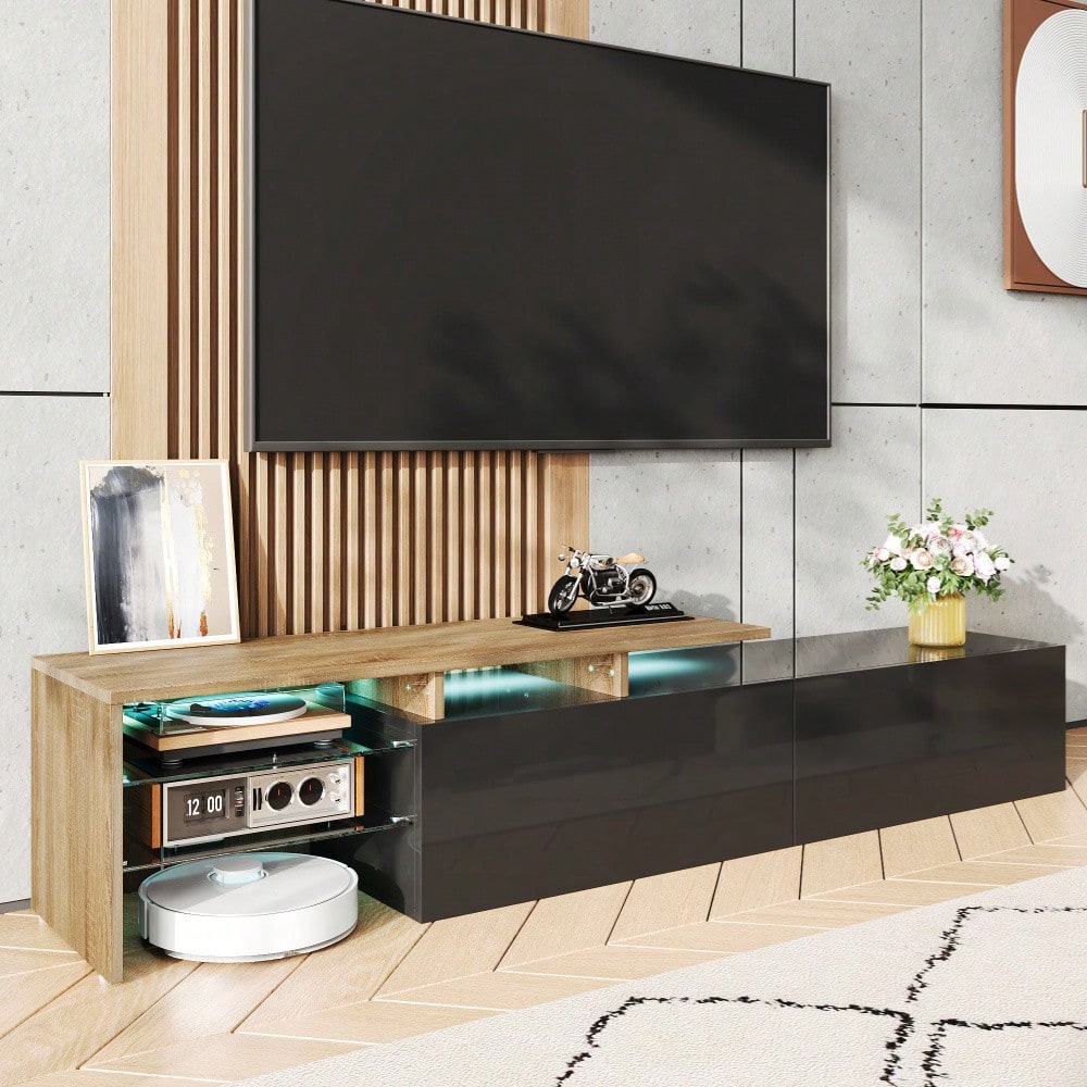 Modernes TV-Schrank-Design: stilvoll und elegant, praktischer Stauraum, Hochglanzschwarz, Holzoptik, Glasböden, LED-Beleuchtung
