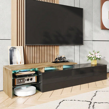 Modernes TV-Schrank-Design: stilvoll und elegant, praktischer Stauraum, Hochglanzschwarz, Holzoptik, Glasböden, LED-Beleuchtung