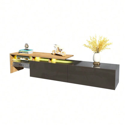 Modernes TV-Schrank-Design: stilvoll und elegant, praktischer Stauraum, Hochglanzschwarz, Holzoptik, Glasböden, LED-Beleuchtung