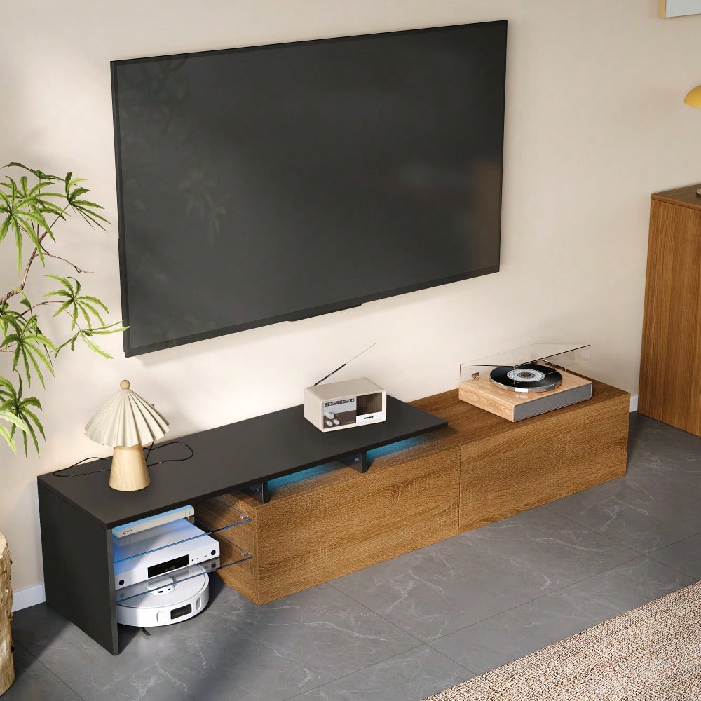 Modernes TV-Schrank-Design: stilvoll und elegant, praktischer Stauraum, schwarz, Holzoptik, Glasböden, LED-Beleuchtung