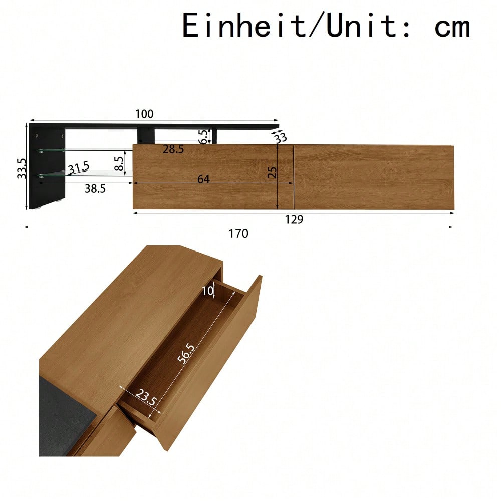 Modernes TV-Schrank-Design: stilvoll und elegant, praktischer Stauraum, schwarz, Holzoptik, Glasböden, LED-Beleuchtung