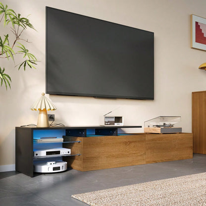Modernes TV-Schrank-Design: stilvoll und elegant, praktischer Stauraum, schwarz, Holzoptik, Glasböden, LED-Beleuchtung